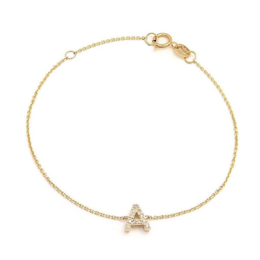 14K Real Yellow Gold  Initial ”A” Single Prong Diamond Bracelet 7+1″